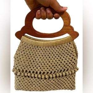 Vintage Boho Handmade Macrame Crochet Knit Purse Bag Wood Handles Lined